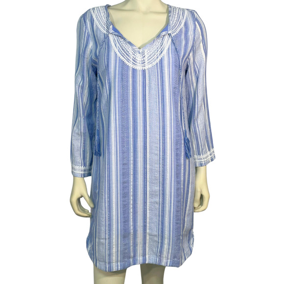 Hatley Sz S Caftan Dress or Beach Cover-Up Boho Blue Stripes Embroidered Neck - Picture 1 of 12